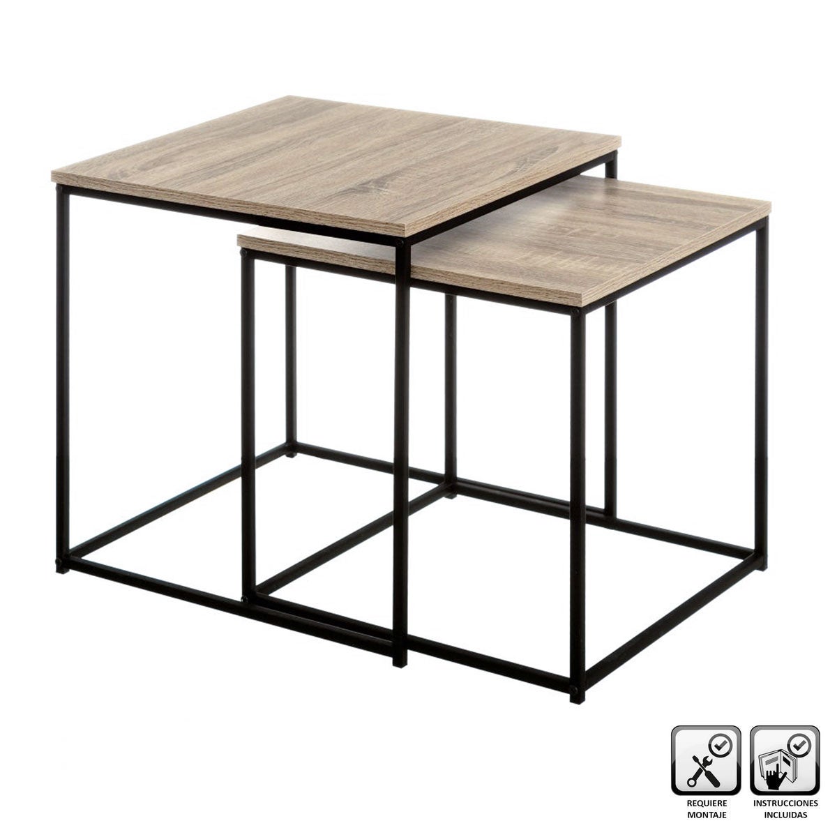Set de 2 mesas de centro nido de madera natural y metal negro de 50x50cm