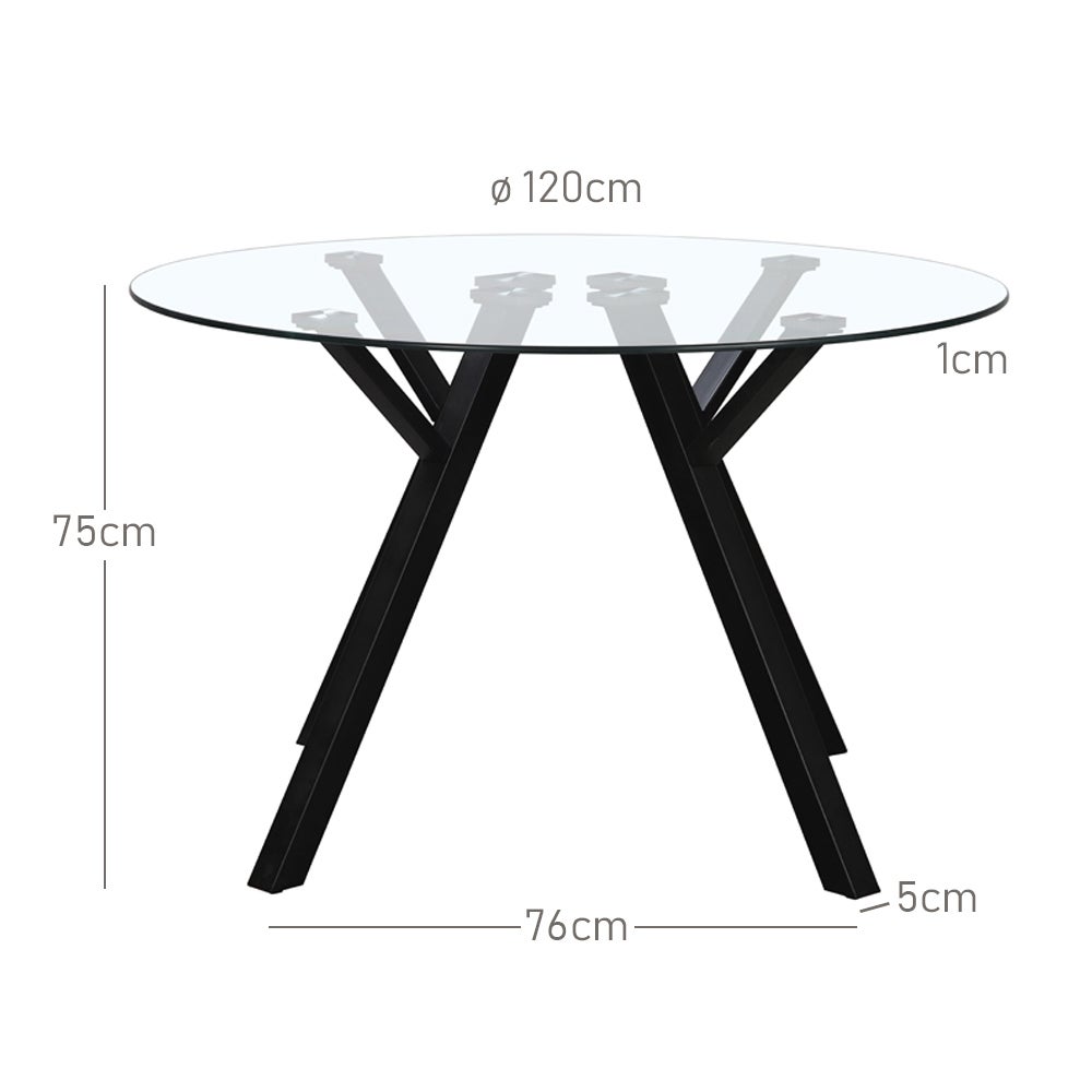 Mesa redonda de cristal templado y metal negro de 120 cm de diámetro