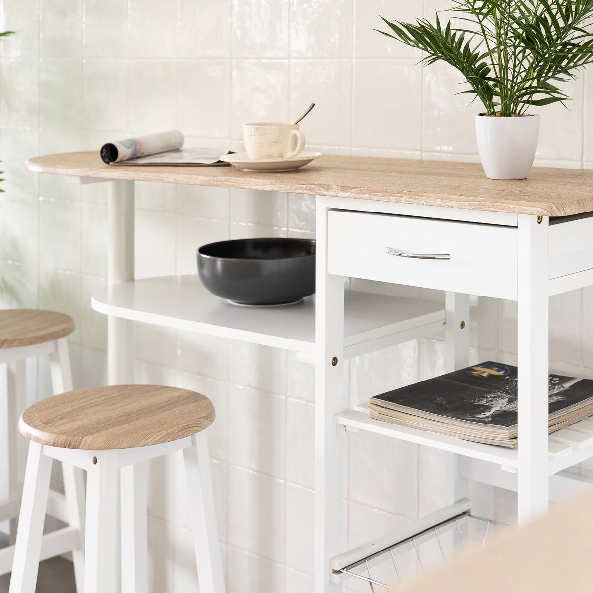 Pack de mesa barra y 2 taburetes de bar de MDF blanco y natural