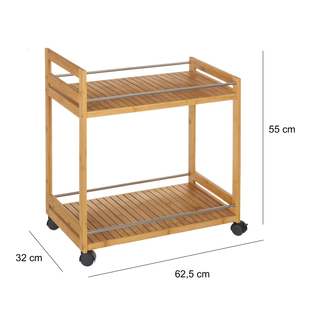 Carrito camarera de 2 estantes de bambú natural de 55x32x62 cm
