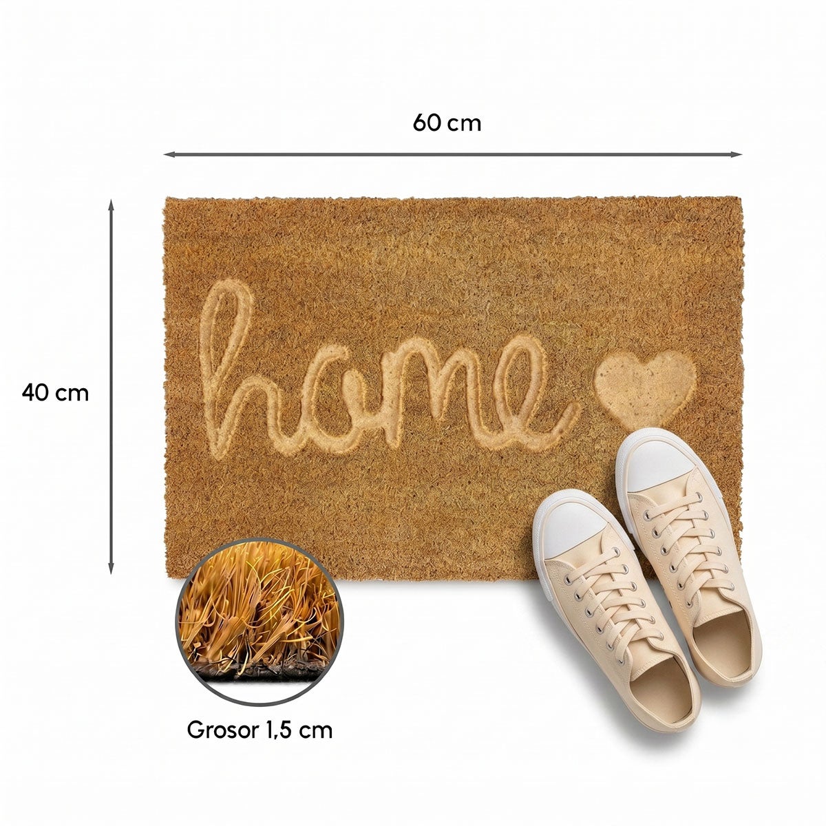 Felpudo antideslizante de fibra de coco natural modelo Home de 60x40 cm