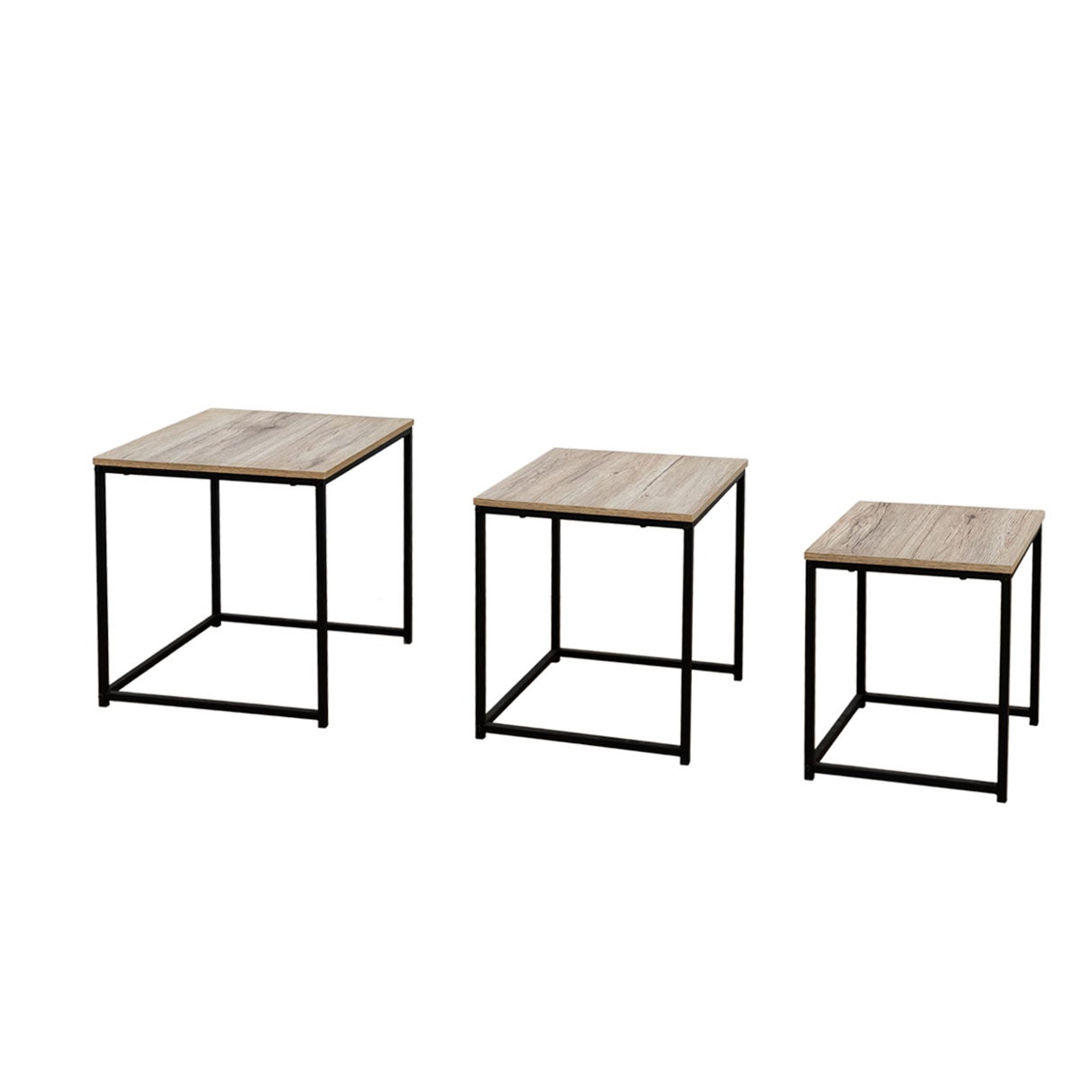 Set 3 mesas nido de metal negro y tablero color roble de 40cm, 35cm y 30cm
