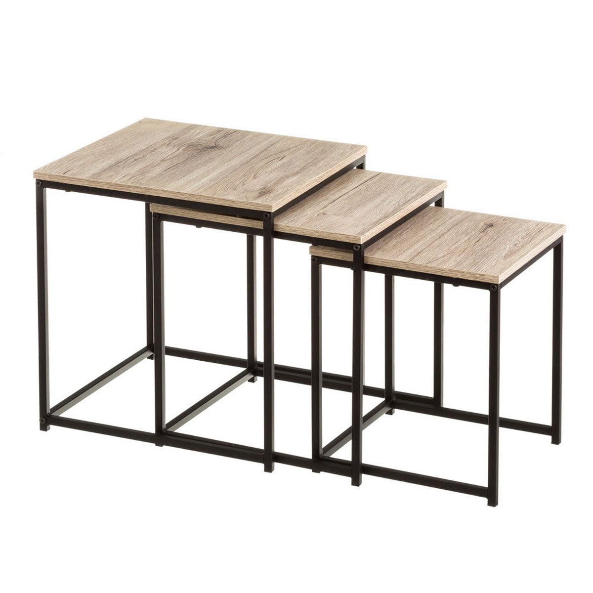 Set de 3 mesas nido de madera natural clara y metal negro para el salón