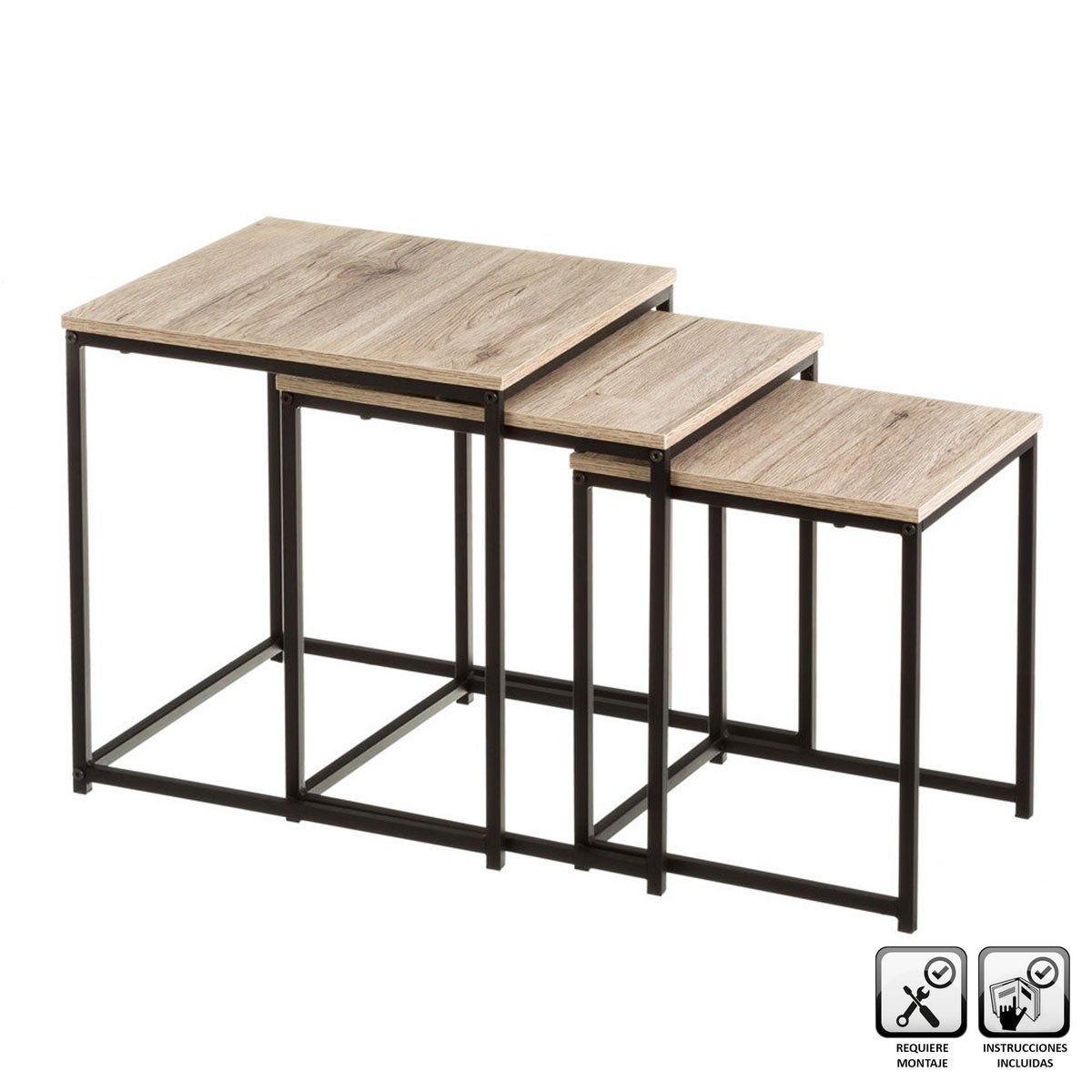 Set 3 mesas nido de metal negro y tablero color roble de 40cm, 35cm y 30cm