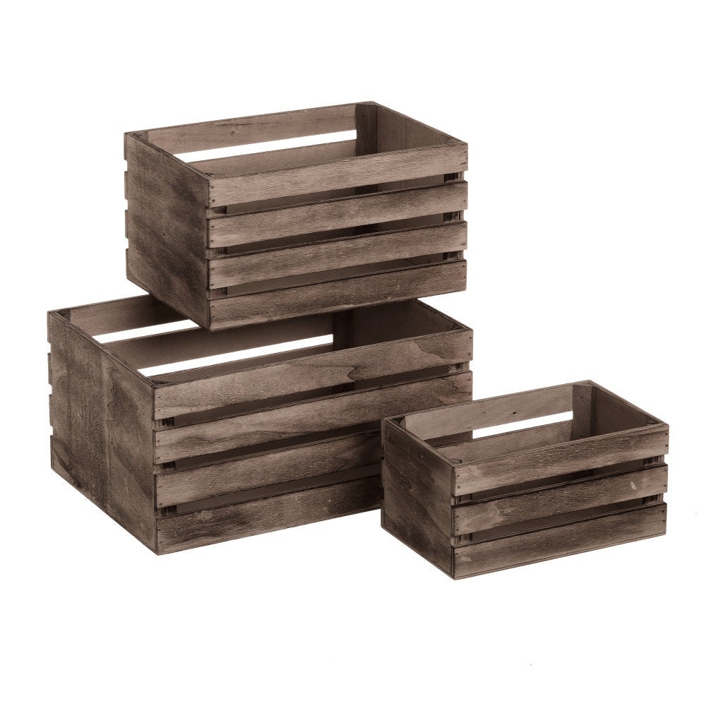 Set de 3 cajas organizadoras de madera marrón oscuro tipo cajas de fruta