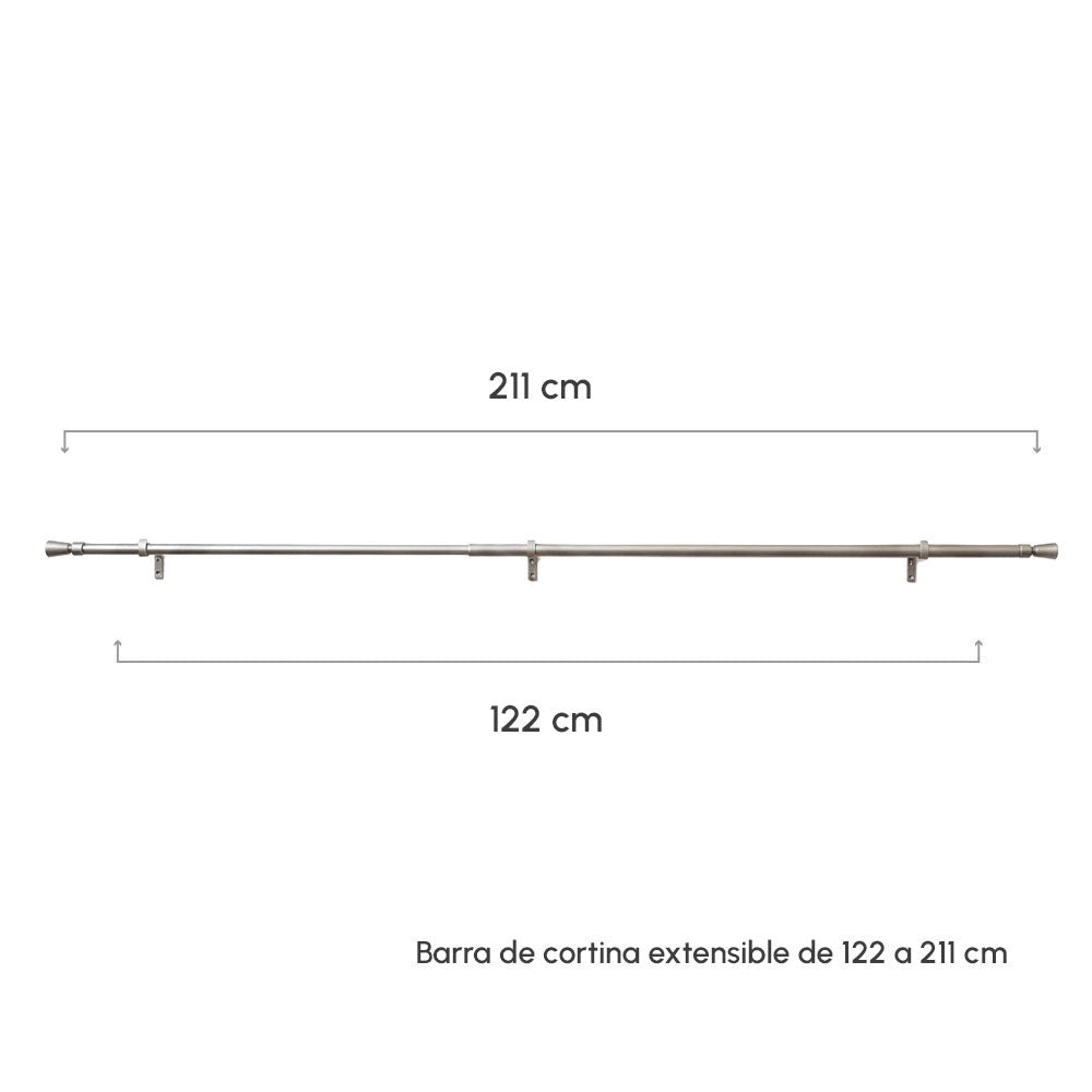 Barra cortina extensible plateada de metal de 122 a 211 cm con terminales