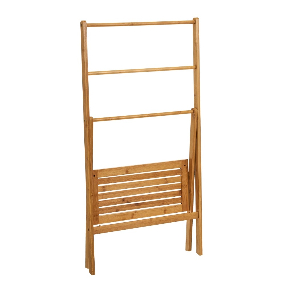 Toallero de pie triple de madera de bambú natural, medidas de 100x53x30cm