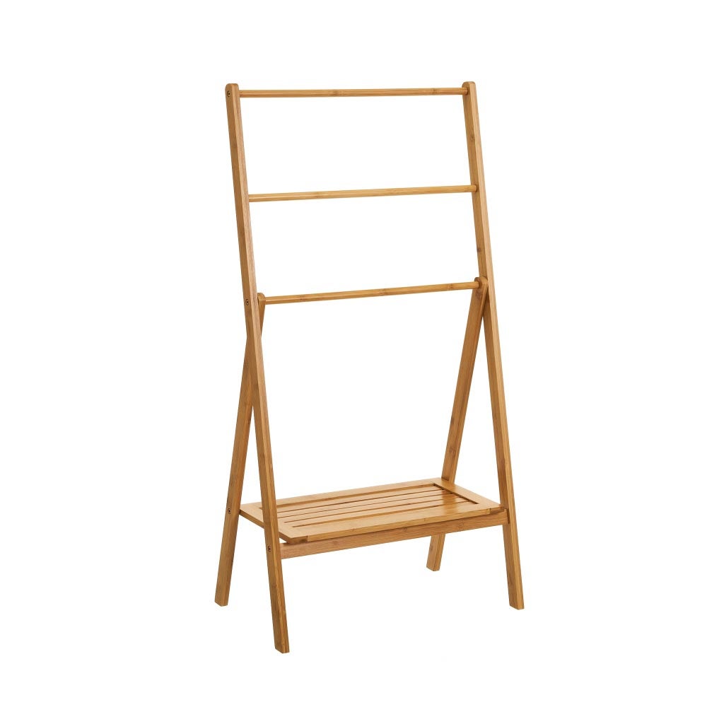 Toallero de pie triple de madera de bambú natural, medidas de 100x53x30cm