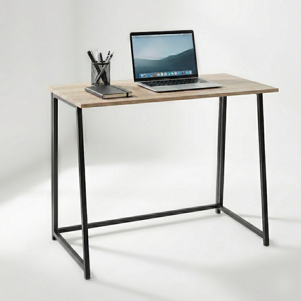 Mesa escritorio plegable de metal negro y tablero natural de 92x45x74 cm