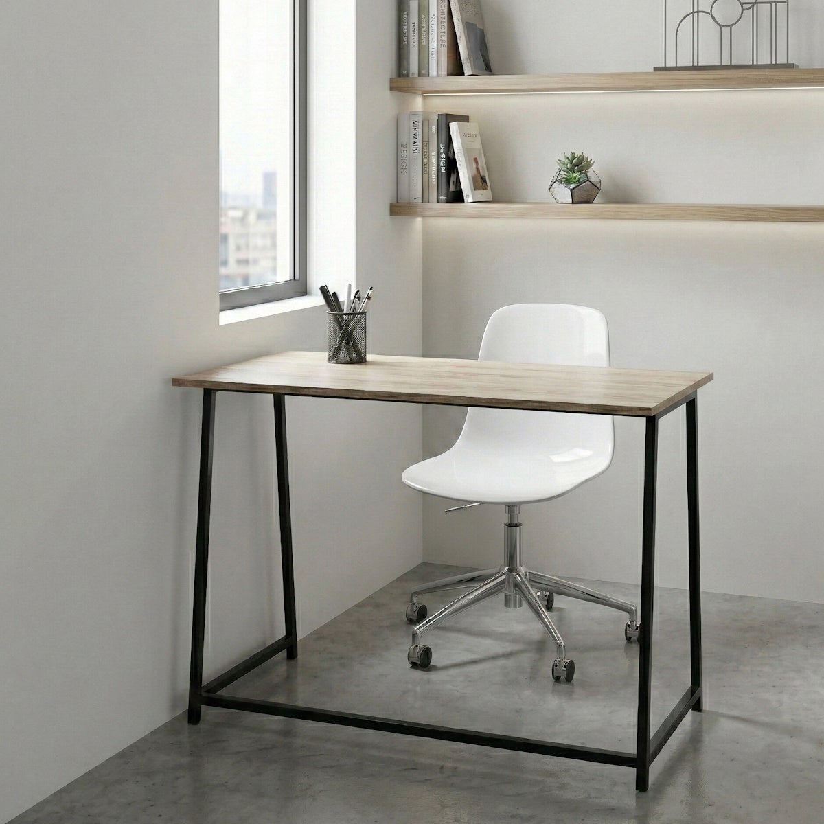 Mesa escritorio plegable de metal negro y tablero natural de 92x45x74 cm