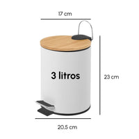 Papelera de baño de pedal de metal y tapa de bambú de 3 litros