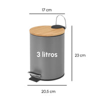 Papelera de pedal gris de bambú y metal de 3 litros