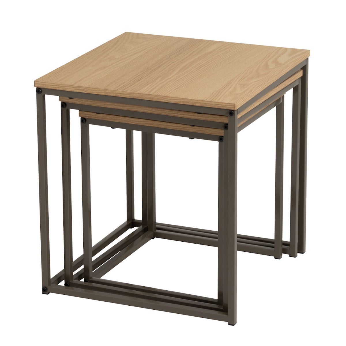 Set de 3 mesitas nido cubo en metal y madera color moka efecto natural