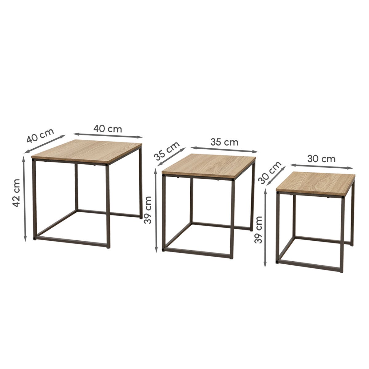 Set de 3 mesitas nido cubo en metal y madera color moka efecto natural