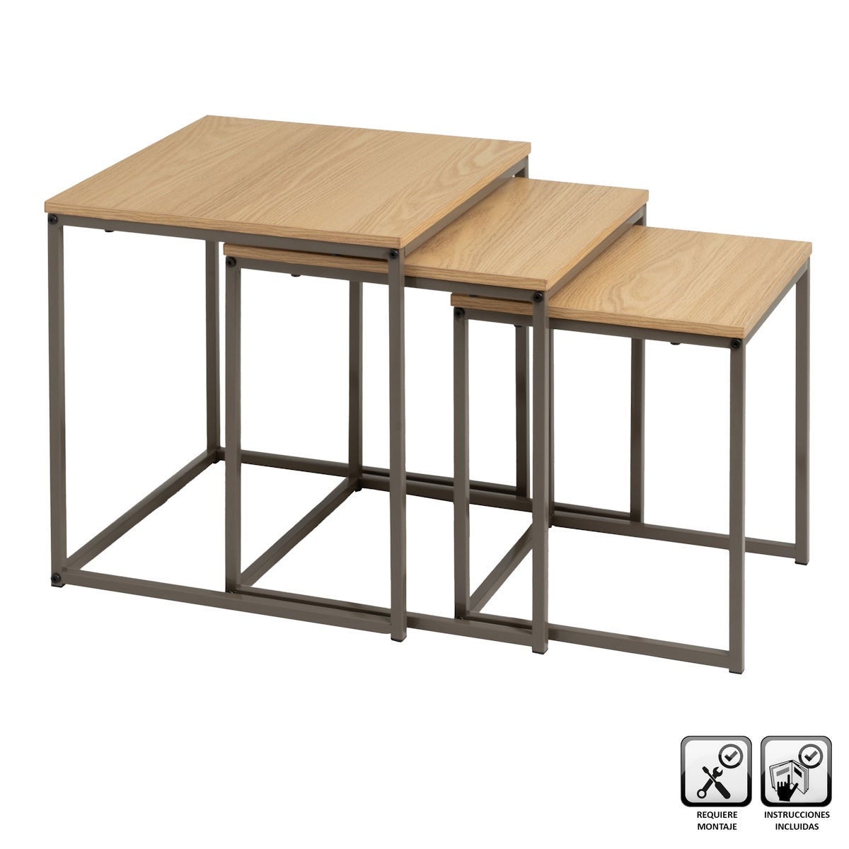 Set de 3 mesitas nido cubo en metal y madera color moka efecto natural