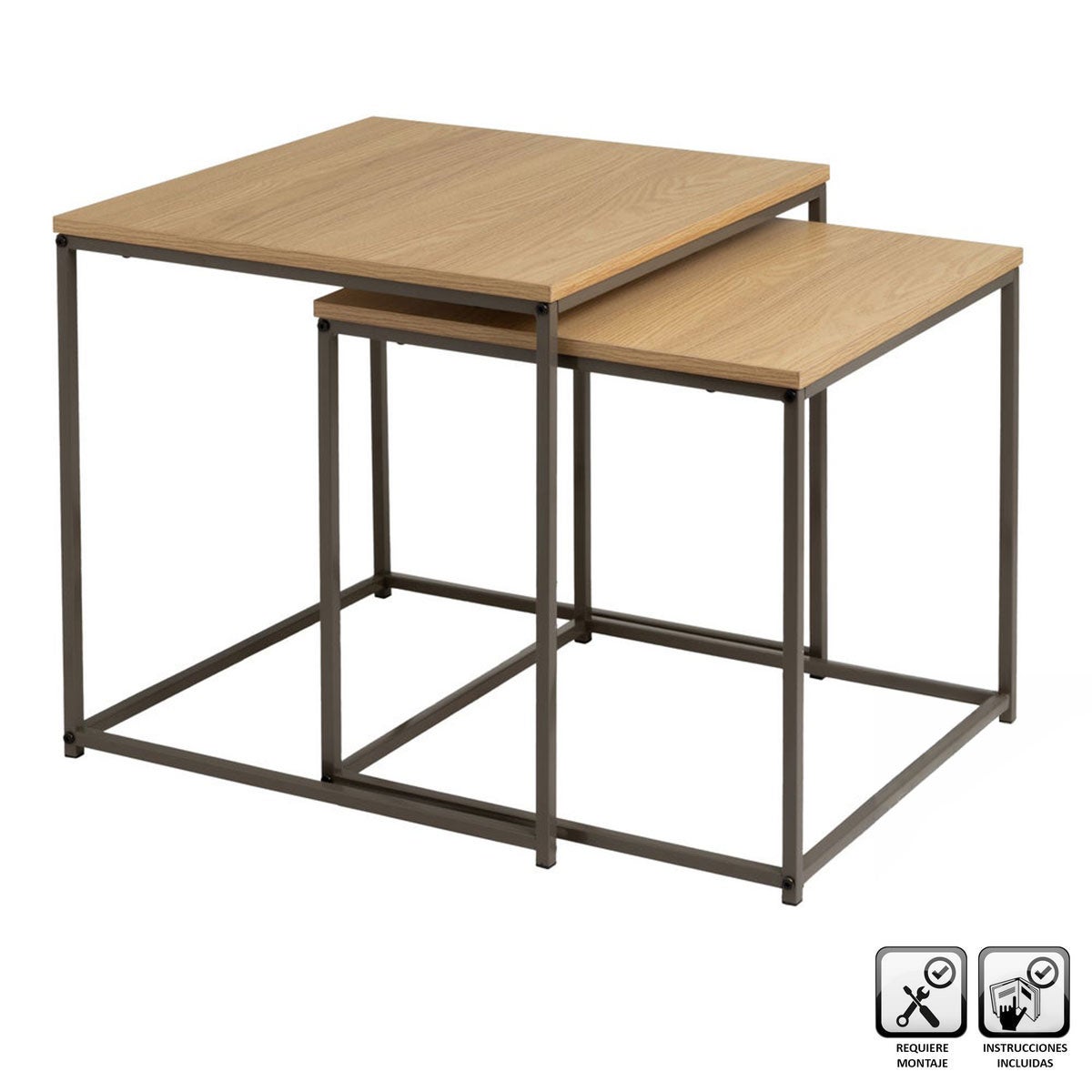 Set de 2 mesitas nido cubo de metal y madera color moka natural