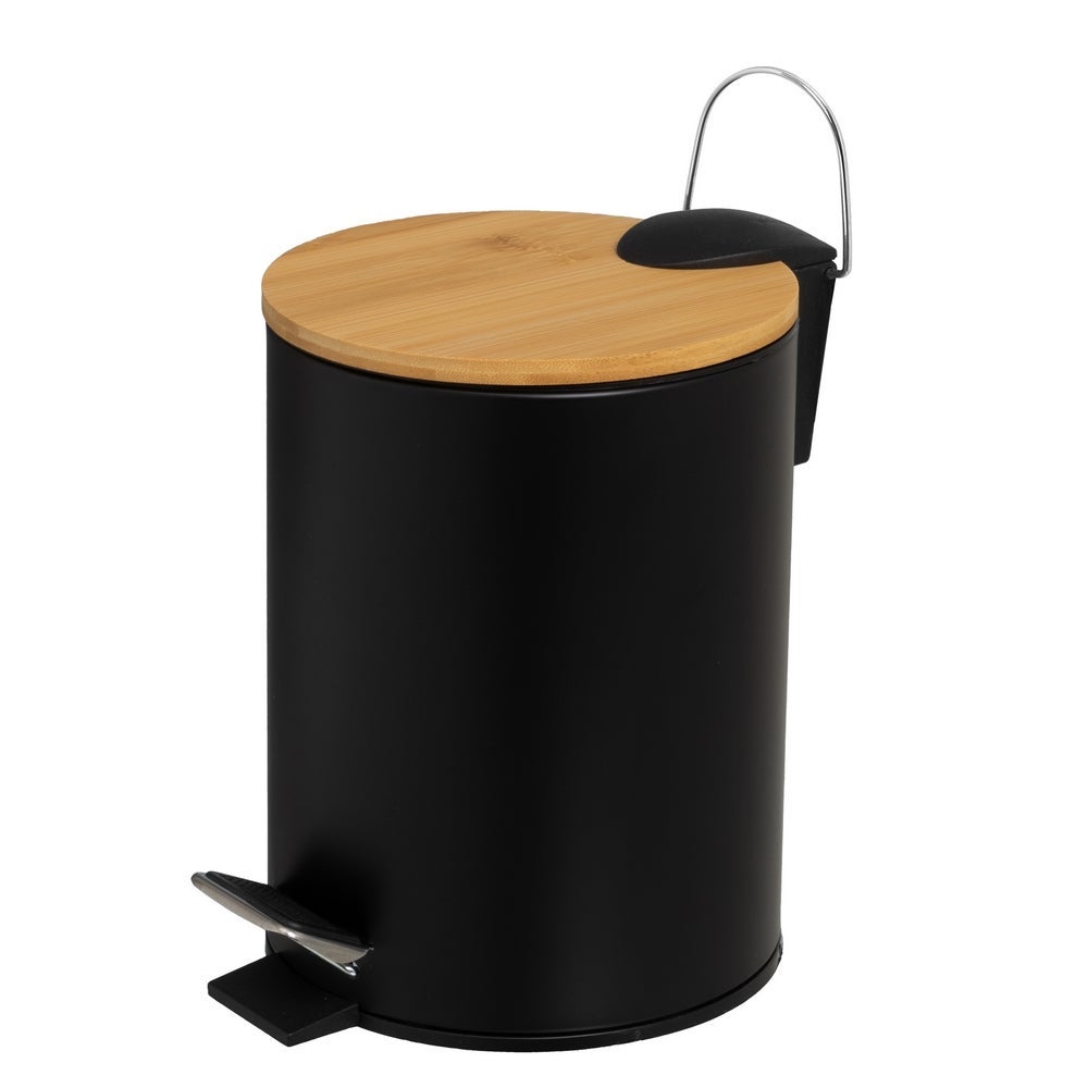 Papelera de baño de pedal de metal y tapa de bambú de 3 litros