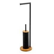 Suporte para rolo de papel higiénico com escovilhão para sanita em metal preto e bambu