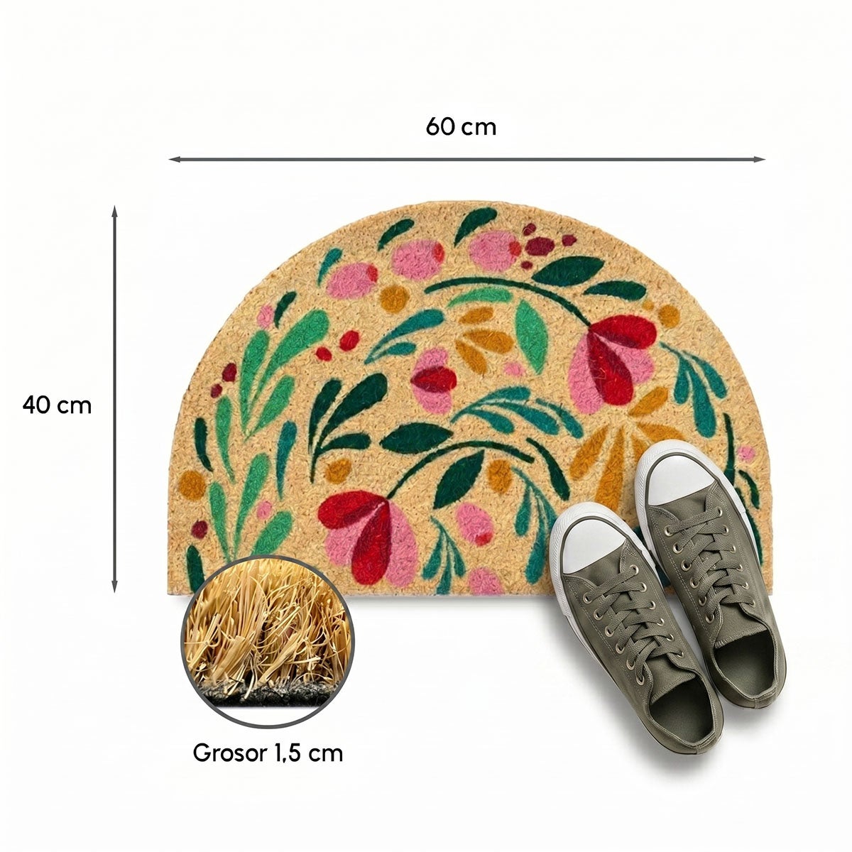 Felpudo antideslizante de fibra de coco natural semicircular de 60x40 cm