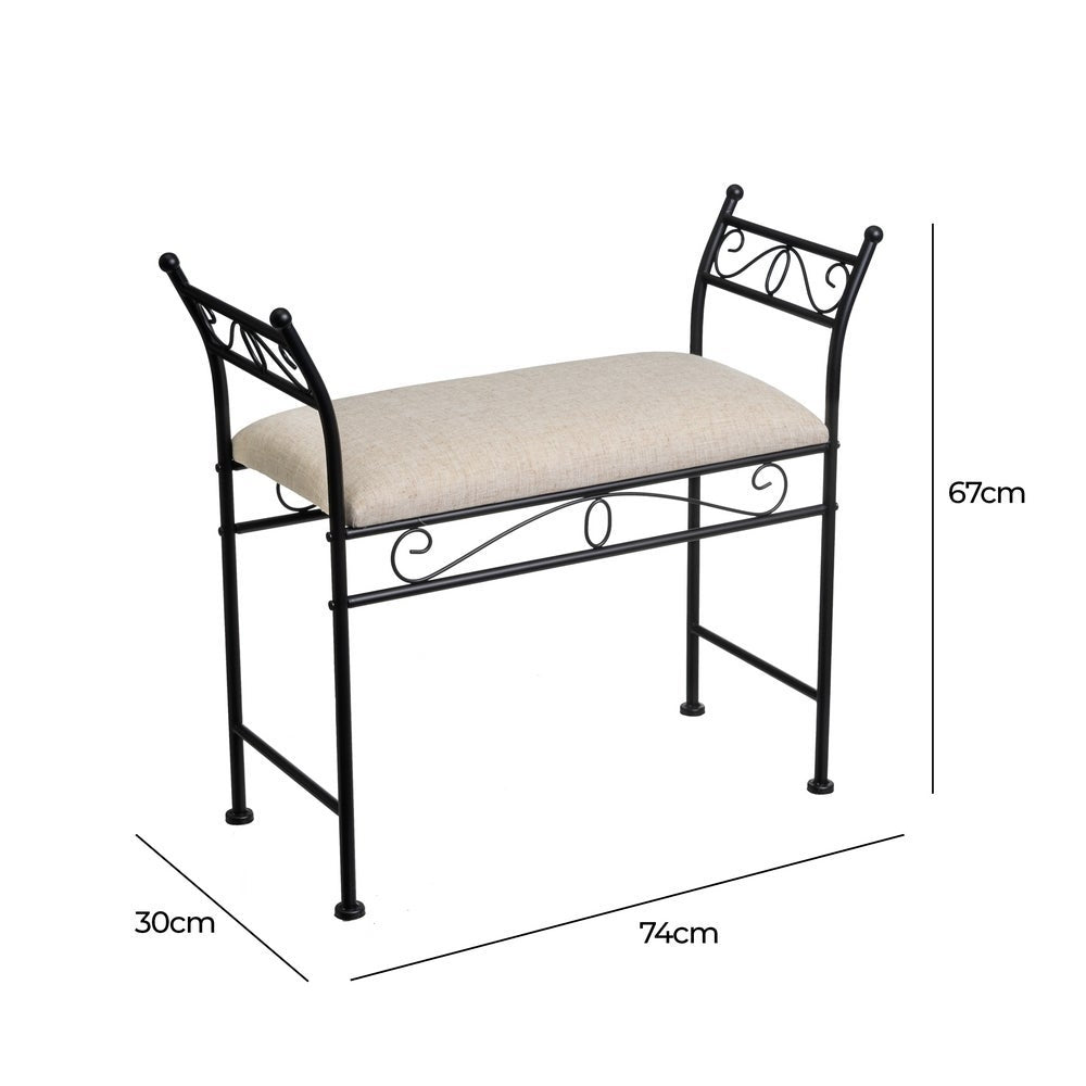 Banqueta pie de cama de metal negro tapizado en lino beige de 74 cm