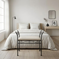 Banqueta pie de cama de metal negro tapizado en lino beige de 74 cm
