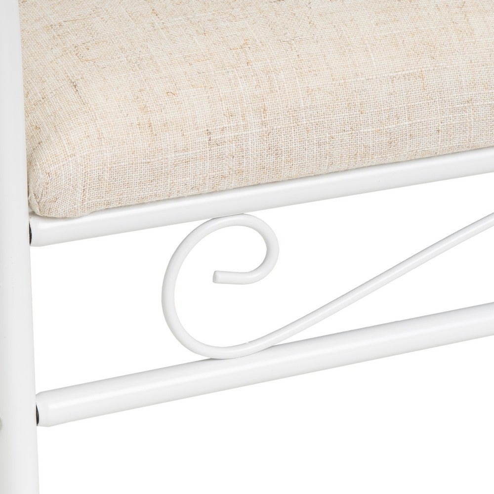 Banqueta pie de cama de metal blanco tapizado en lino beige de 74 cm