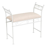 Banqueta pie de cama de metal blanco tapizado en lino beige de 74 cm