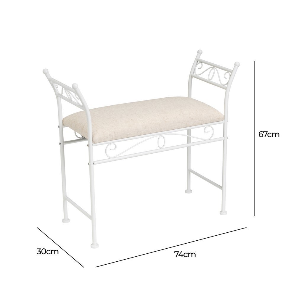 Banqueta pie de cama de metal blanco tapizado en lino beige de 74 cm