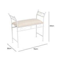 Banqueta pie de cama de metal blanco tapizado en lino beige de 74 cm