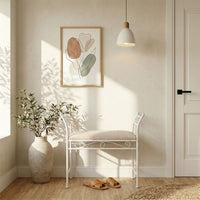 Banqueta pie de cama de metal blanco tapizado en lino beige de 74 cm