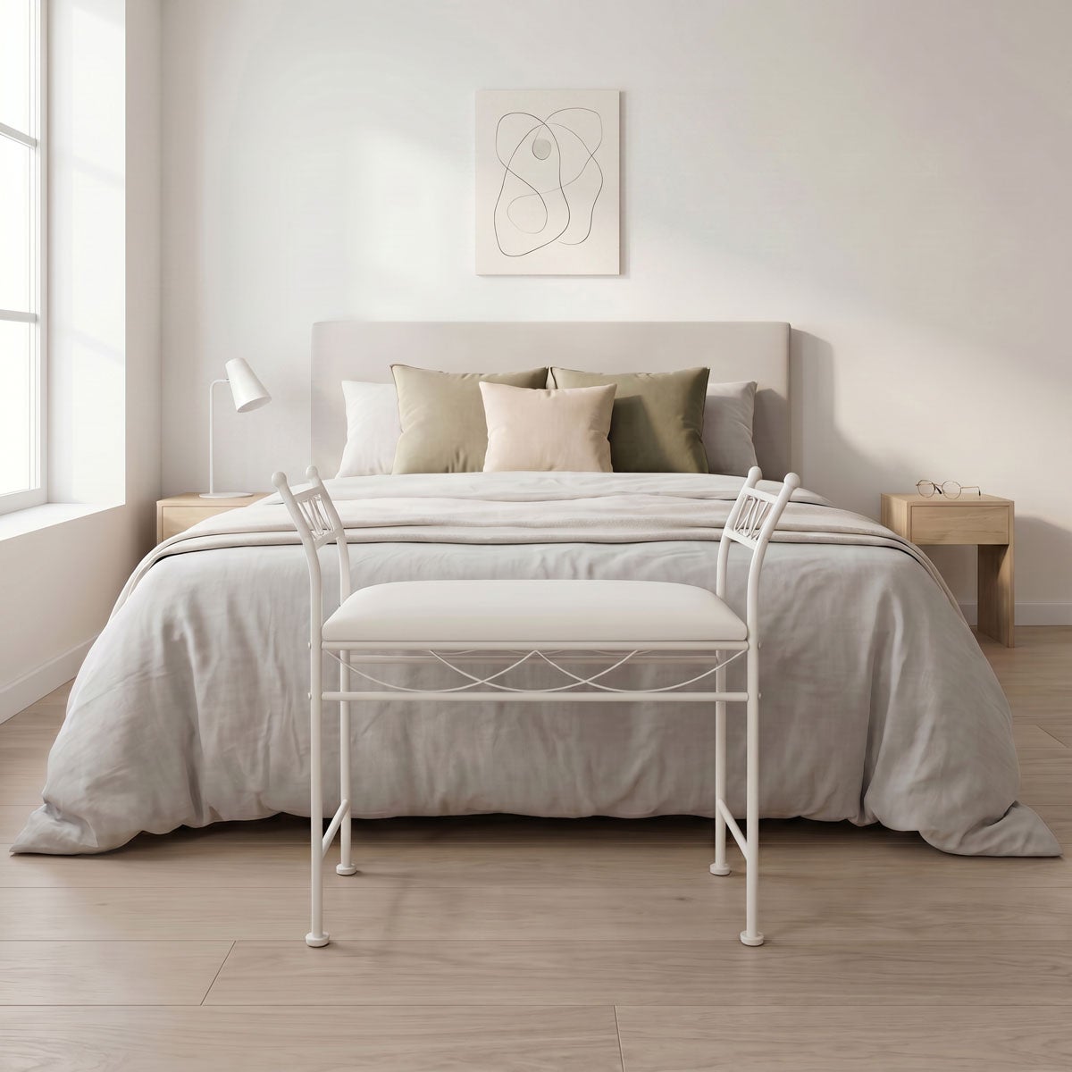Banqueta pie de cama de metal blanco tapizado en algodón blanco de 74 cm