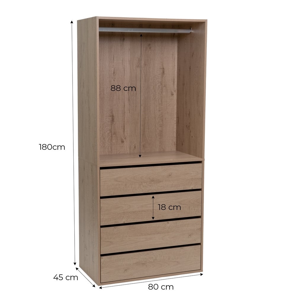 Armario modular natural de MDF con barra y 4 cajones 80x45x180 cm