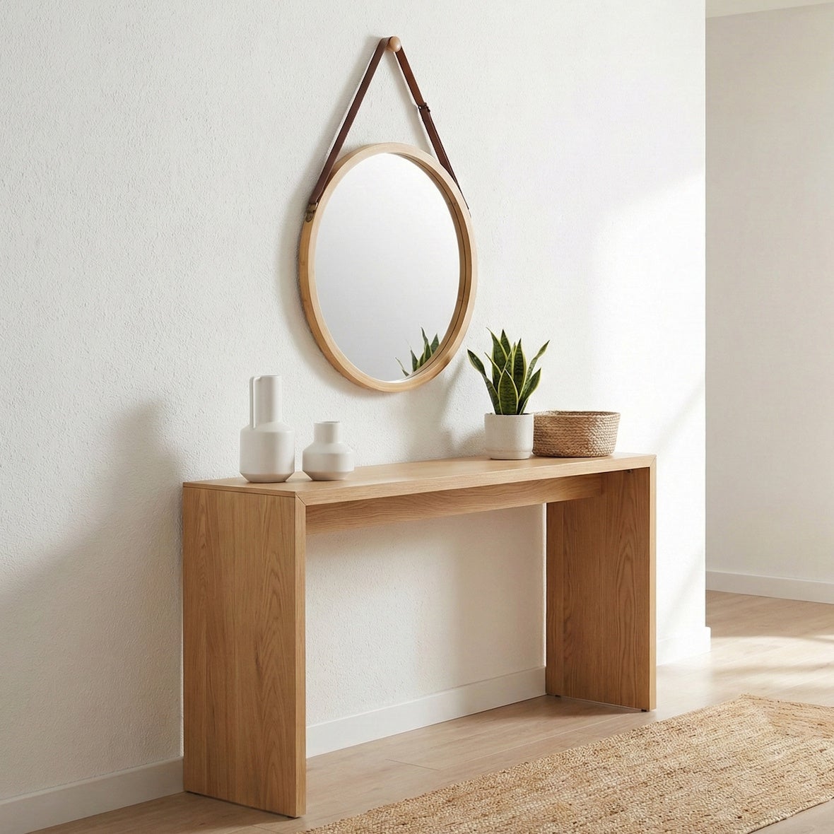 Espejo redondo de pared de bambú natural de 50 cm con correa ajustable