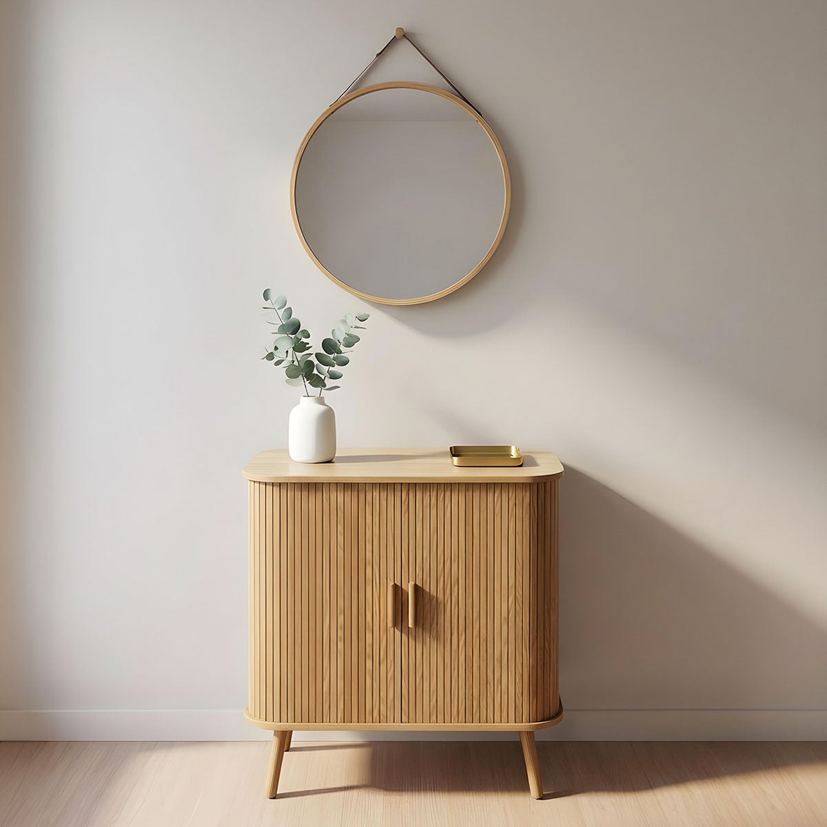 Espejo redondo de pared de bambú natural de 60 cm con correa ajustable