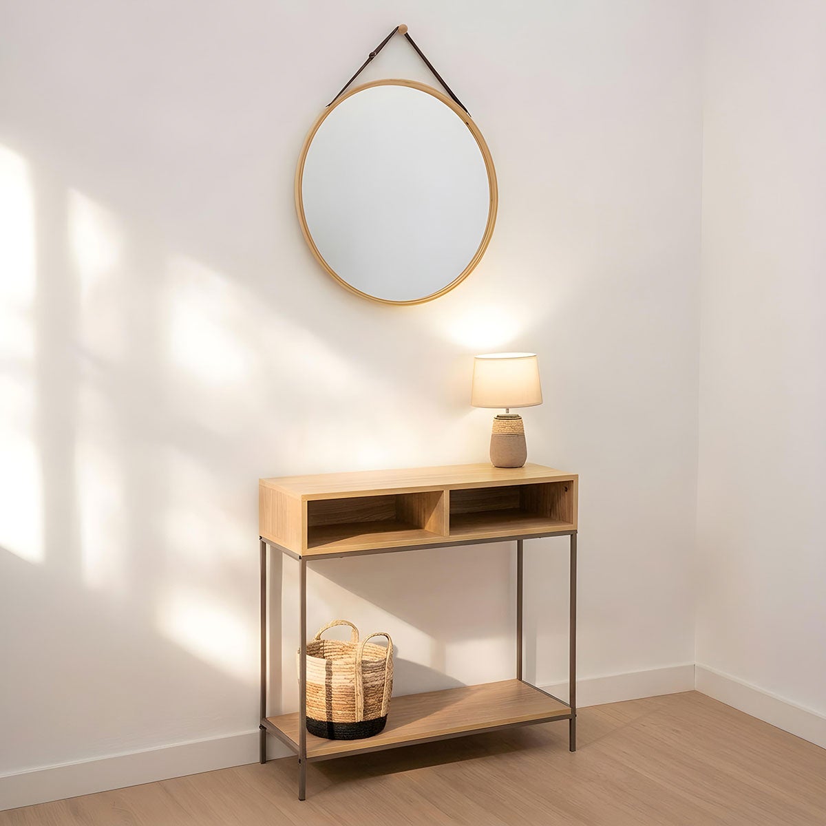 Espejo redondo de pared de bambú natural de 60 cm con correa ajustable