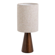Lámpara de mesa con base de pino oscuro y pantalla de lino de color crudo