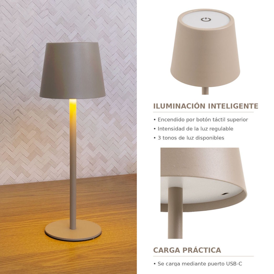 Lámpara LED regulable y recargable de metal beige de 3W de 9x9x27 cm