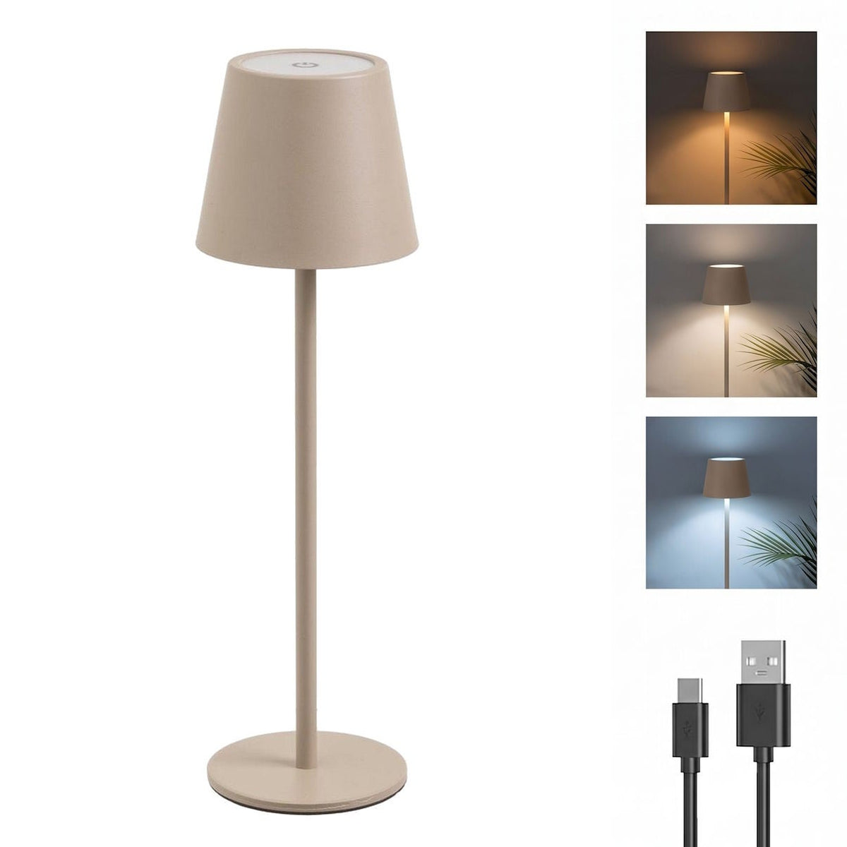 Lámpara LED regulable y recargable de metal beige de 3W de 11x11x37 cm