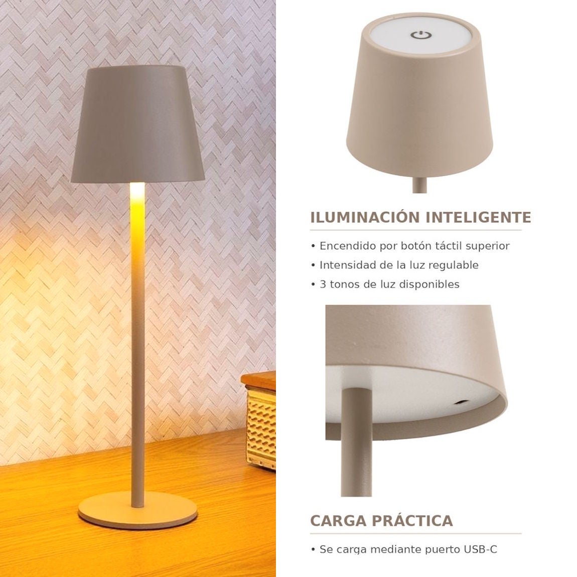 Lámpara LED regulable y recargable de metal beige de 3W de 11x11x37 cm