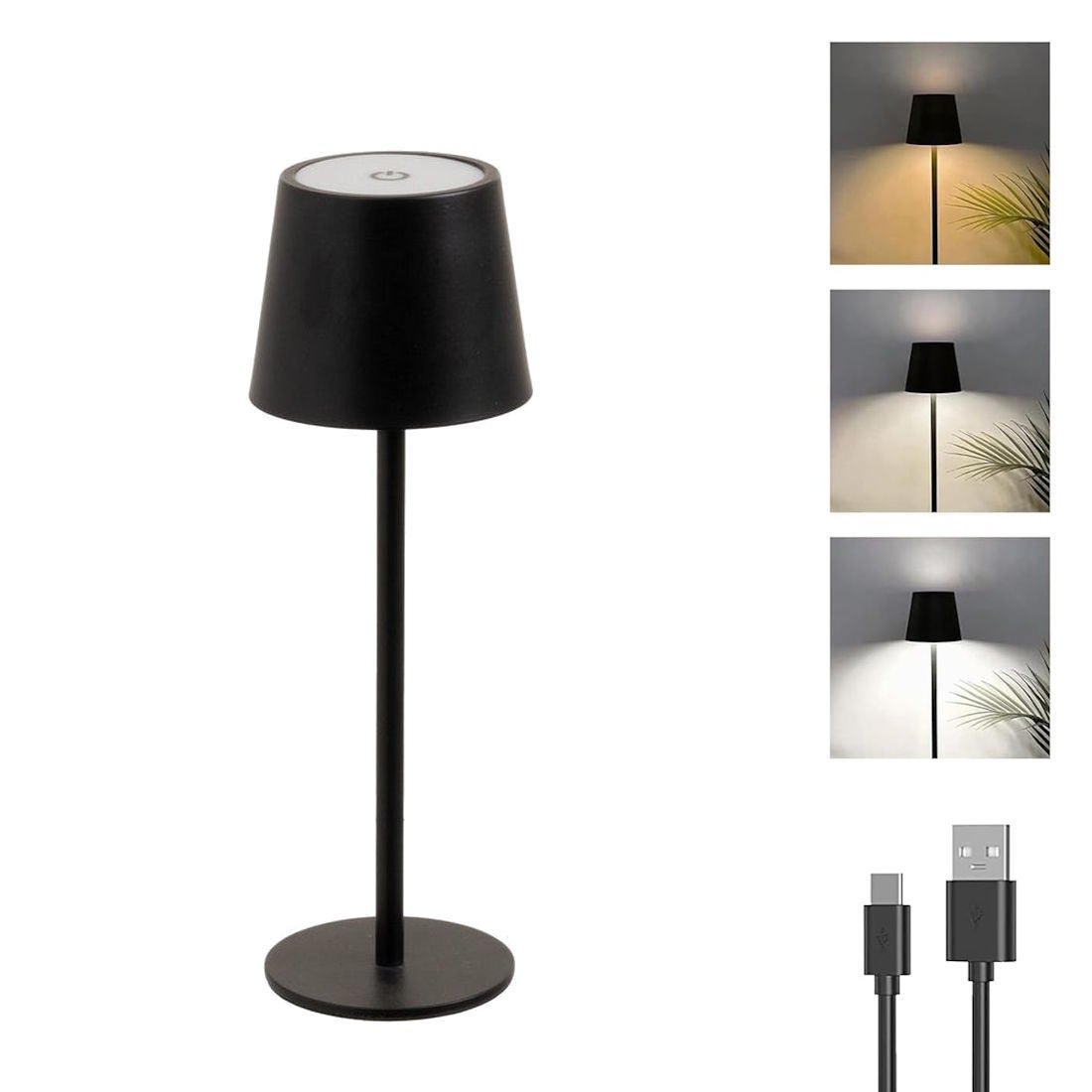 Candeeiro LED regulável e recarregável em metal preto de 3W de 9x9x27 cm