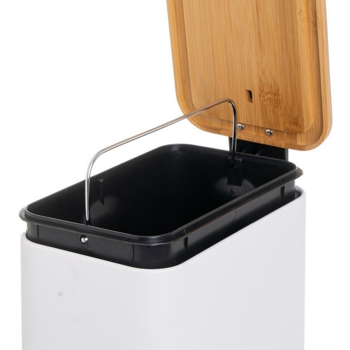 Balde do lixo retangular de pedal de 5 litros branco mate com tampa de bambu