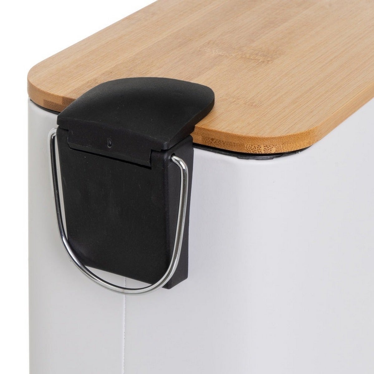 Balde do lixo retangular de pedal de 5 litros branco mate com tampa de bambu