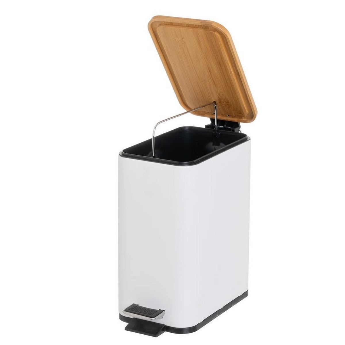 Balde do lixo retangular de pedal de 5 litros branco mate com tampa de bambu