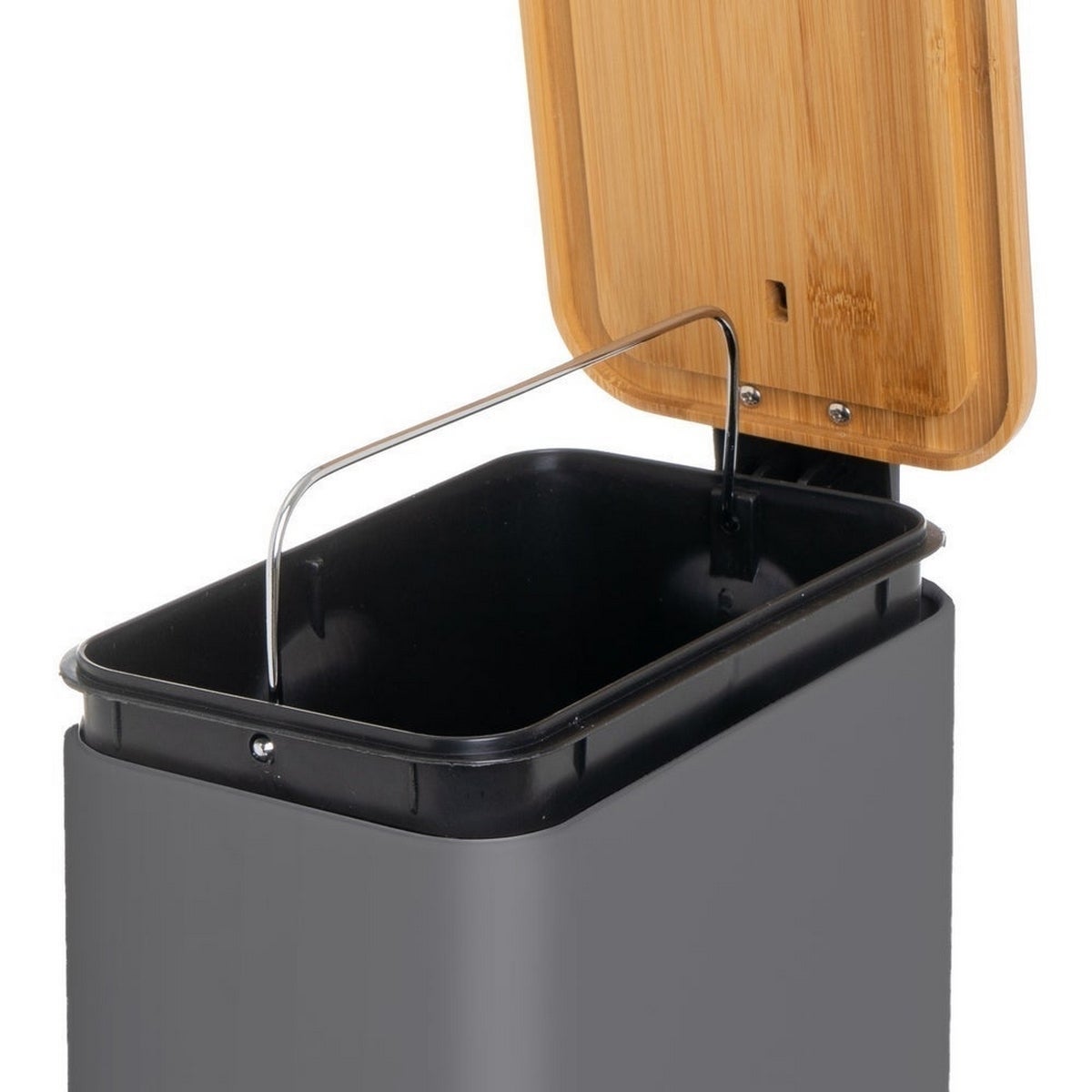 Papelera de pedal rectangular gris de 5 litros con tapa de bambú