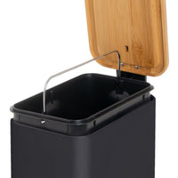 Papelera de pedal rectangular negra de 5 litros con tapa de bambú
