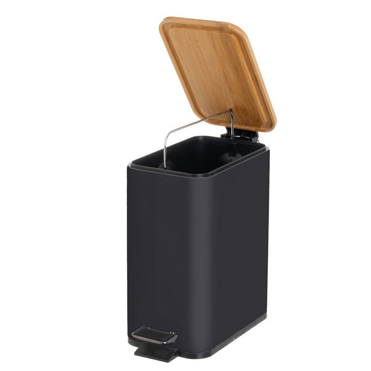 Papelera de pedal rectangular negra de 5 litros con tapa de bambú
