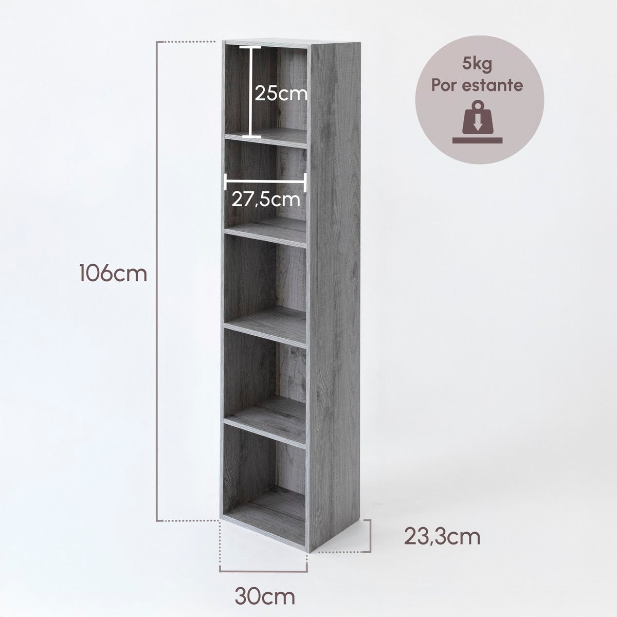 Estantería Cubo 5 estantes de tablero laminado gris de 132x30 cm