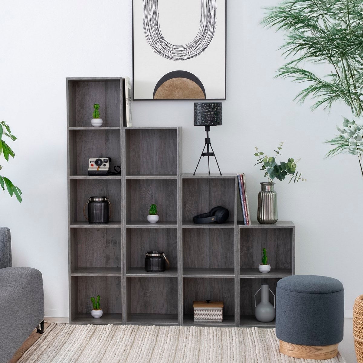Estantería Cubo 5 estantes de tablero laminado gris de 132x30 cm