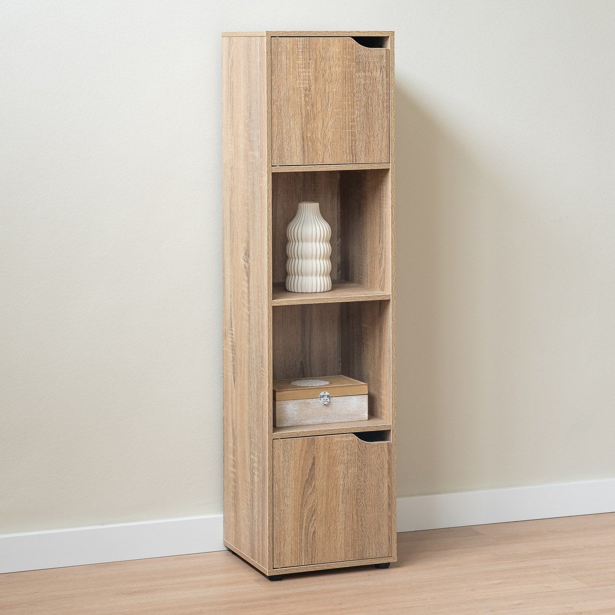 Estantería cubo 2 puertas de madera color natural de 120x30x29 cm