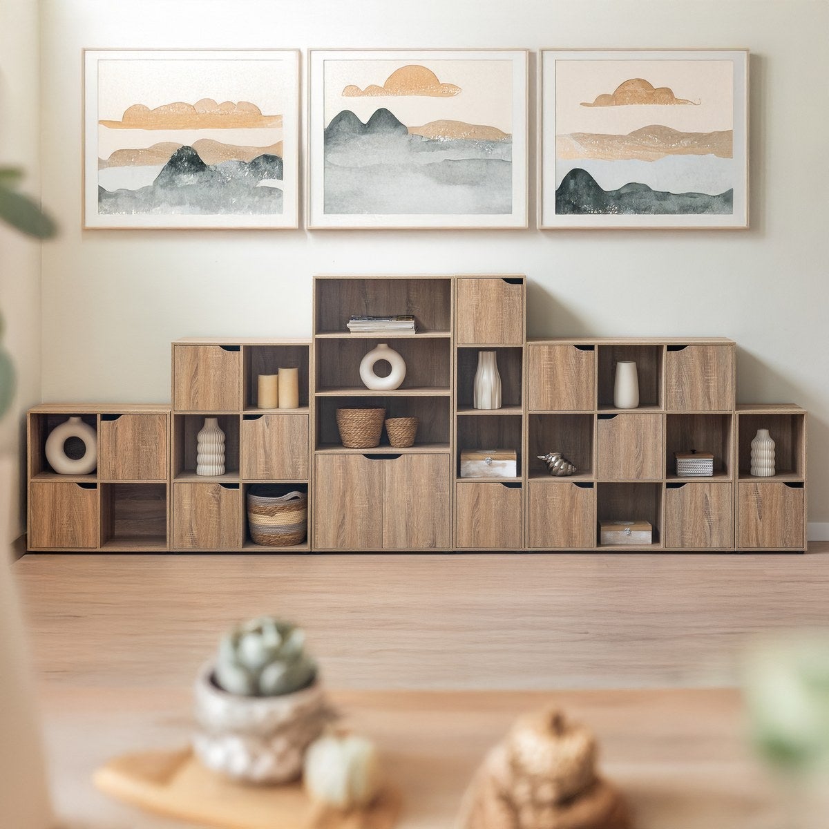 Estantería Cubo con puertas natural de 90x60 cm
